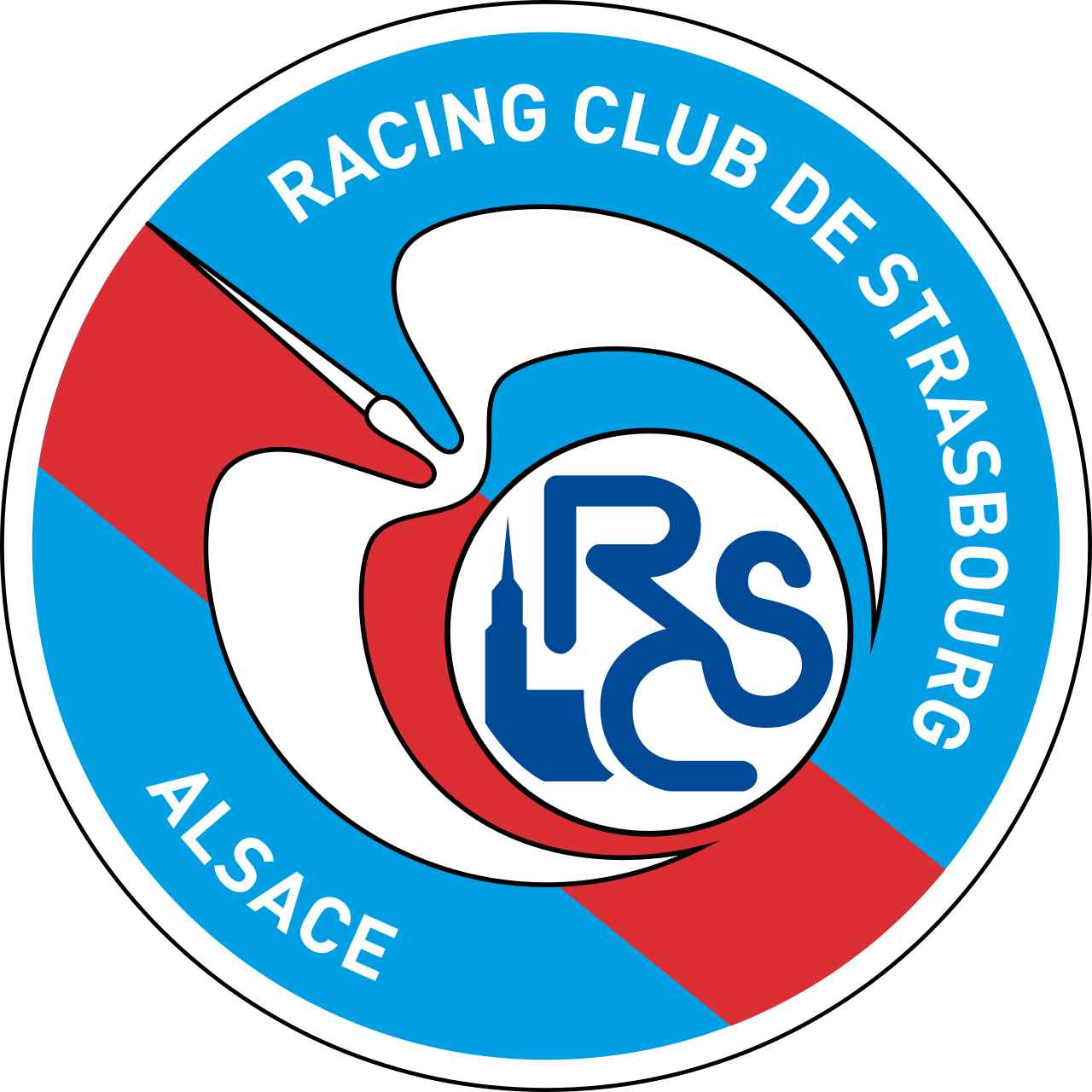 Logo resmi RC Strasbourg Alsace dengan latar belakang stadion