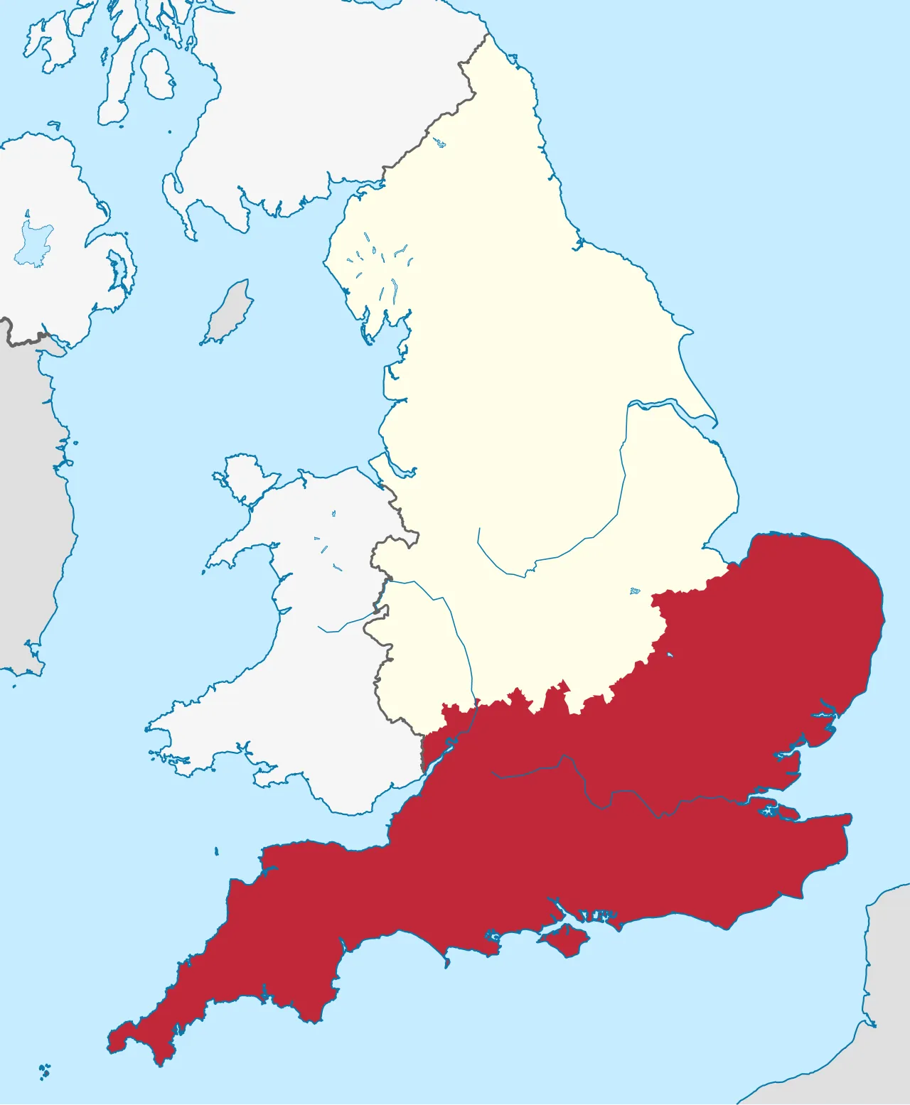 Peta Southern England mencakup London dan wilayah tenggara Inggris