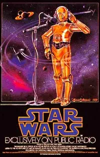 Logo klasik Star Wars dengan latar belakang gelombang siaran radio