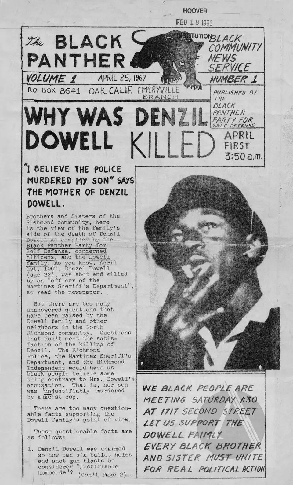 Halaman depan edisi pertama surat kabar The Black Panther yang diterbitkan pada 25 April 1967