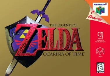 Tangkapan layar logo dan karakter utama The Legend of Zelda: Ocarina of Time di konsol Nintendo 64