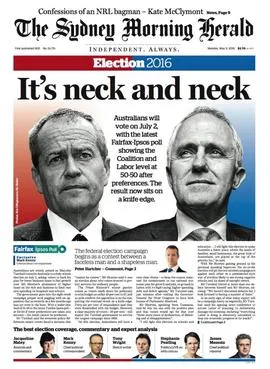 Tampilan logo dan edisi cetak surat kabar The Sydney Morning Herald di Australia