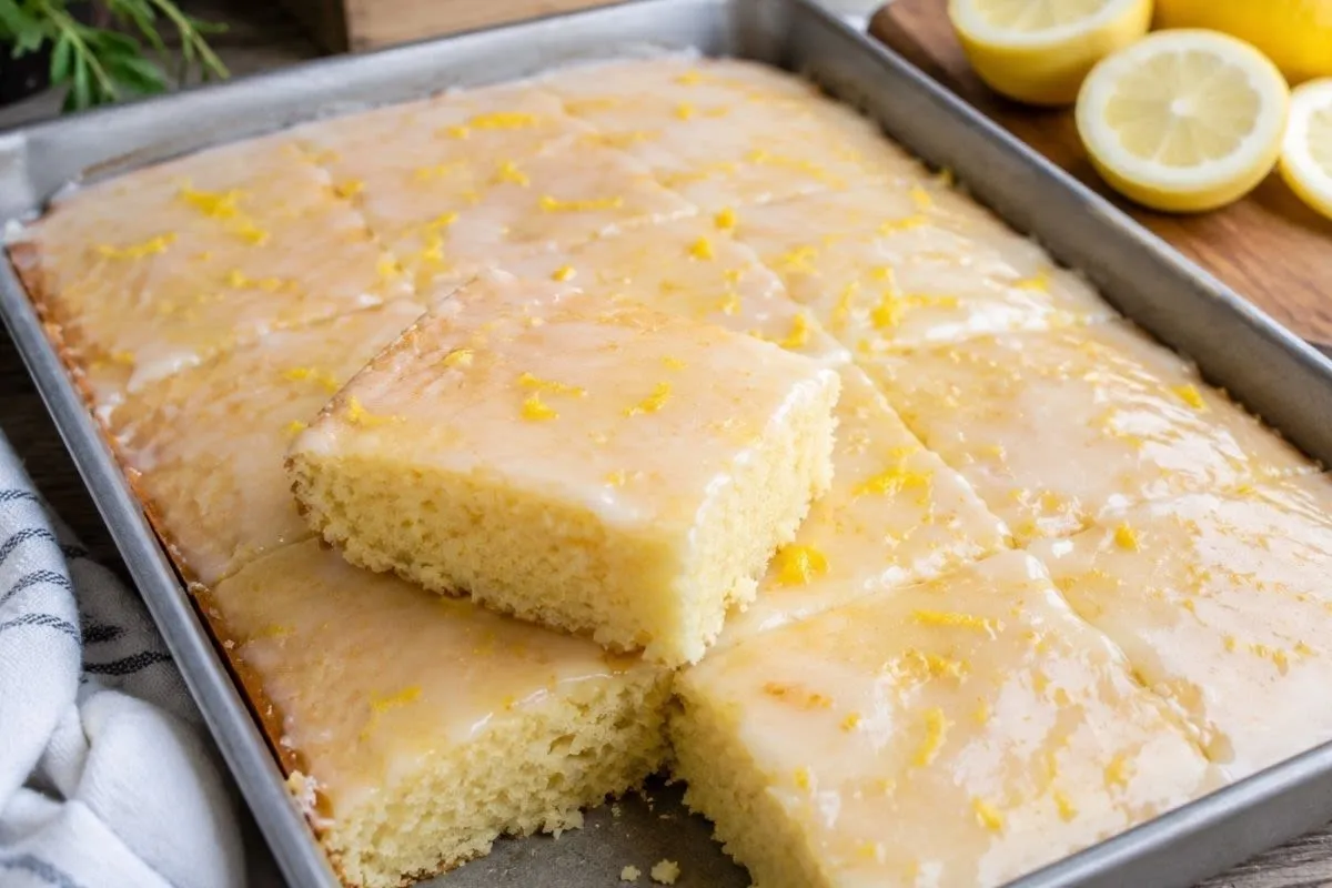 Potongan Lemon Texas Sheet Cake dengan siraman glaze lemon di atas piring