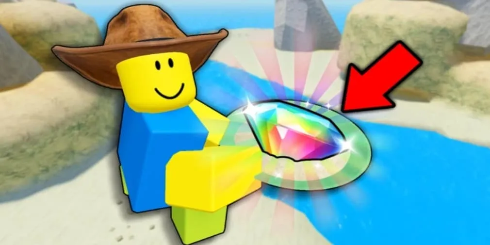 Tangkapan layar permainan Roblox Prospecting yang menampilkan aktivitas mendulang emas