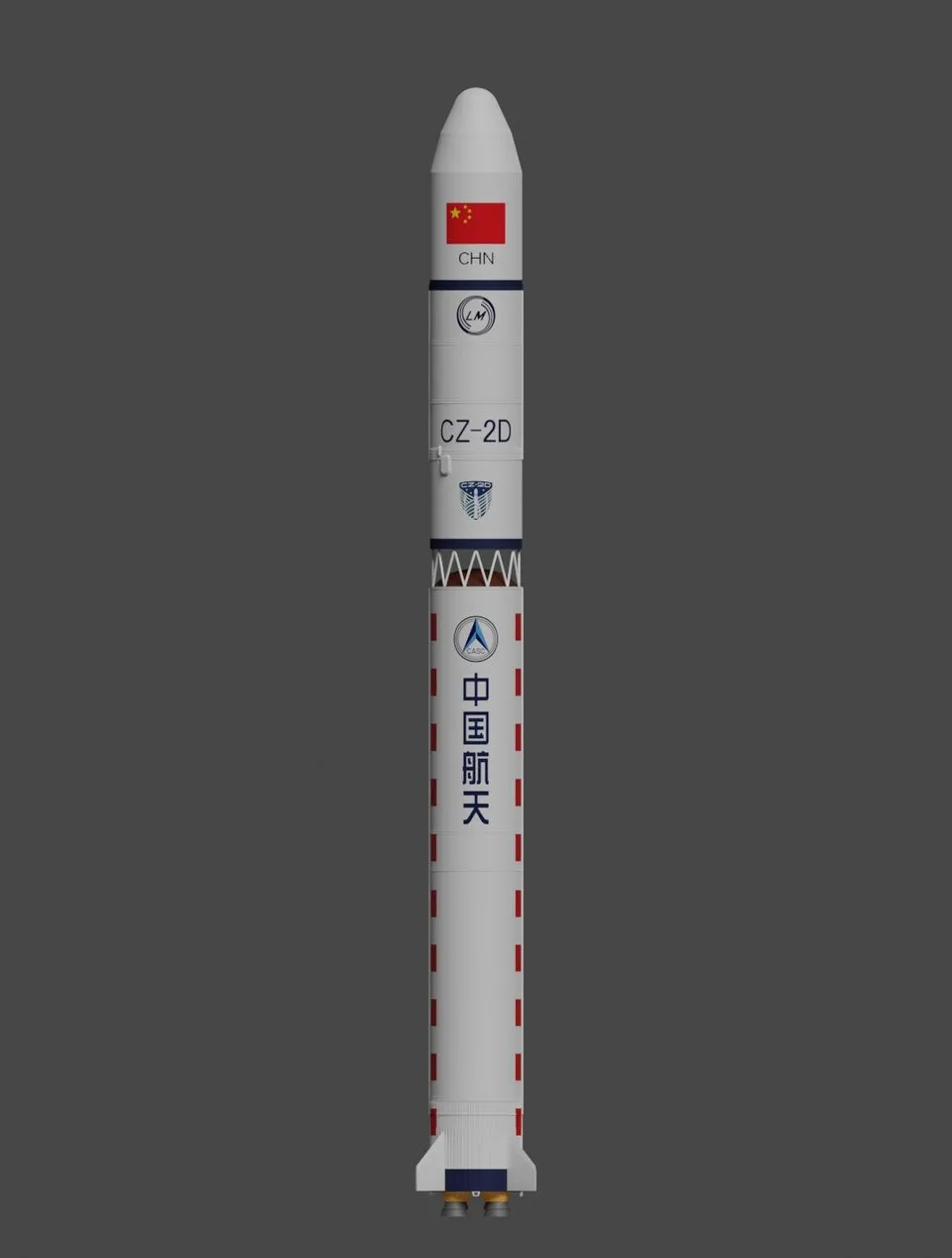 Render visual roket Long March 2D yang merupakan roket pembawa medium-lift buatan Shanghai Academy of Spaceflight Technology