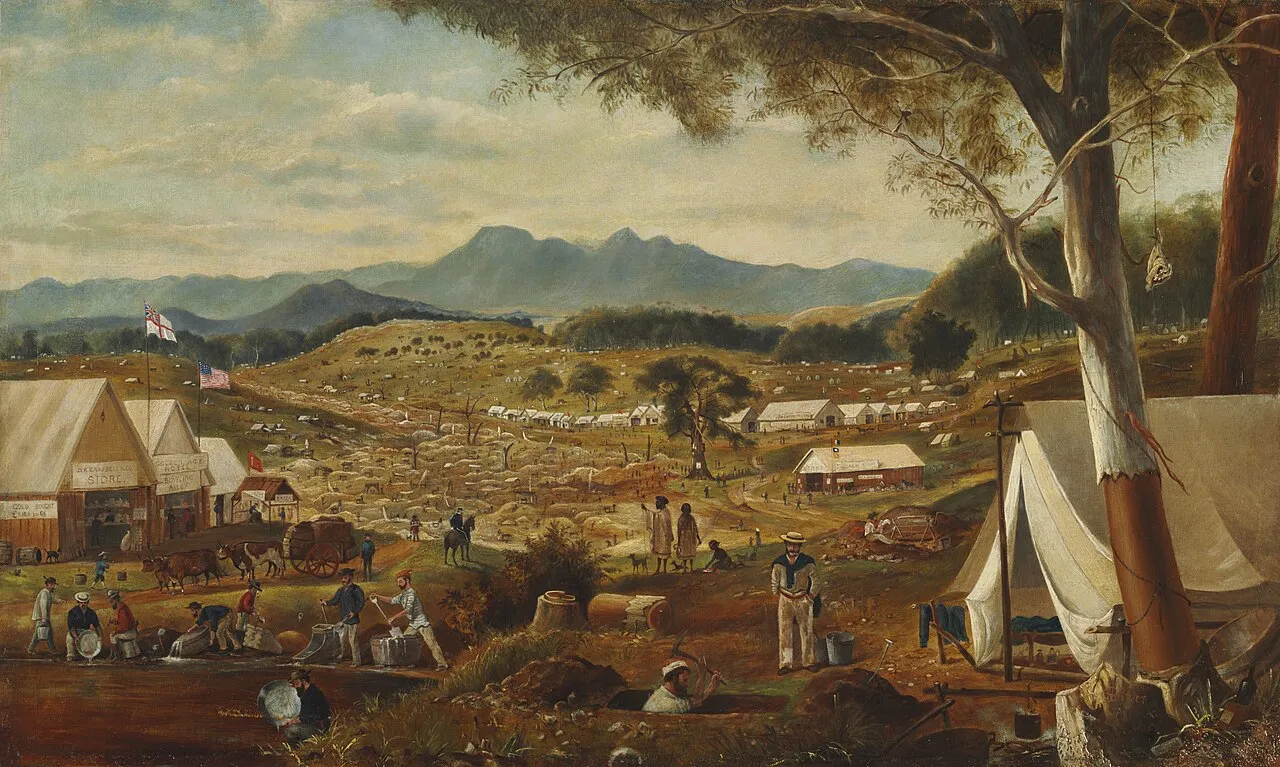 Ilustrasi sejarah penambang dan pencari emas pada masa demam emas di Australia abad ke-19