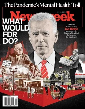 Gedung kantor pusat dan logo majalah berita Newsweek di New York City
