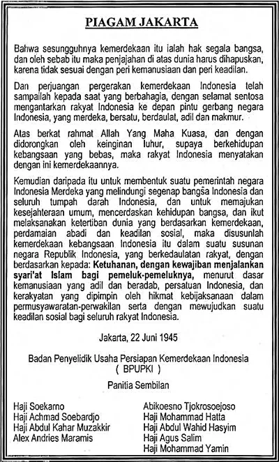 Naskah dokumen sejarah Piagam Jakarta rancangan Panitia Sembilan tahun 1945