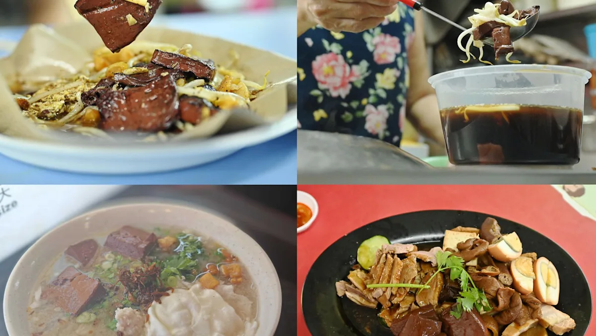Penyajian hidangan kuliner pig blood curd yang populer di pasar makanan Singapura