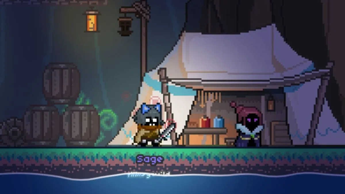 Tangkapan layar gameplay piksel 2D dari game MMORPG gratis Soul's Remnant di Steam