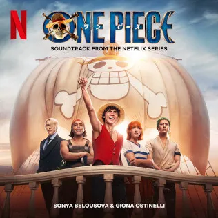 Poster soundtrack One Piece Netflix dengan ilustrasi bajak laut dan elemen musik