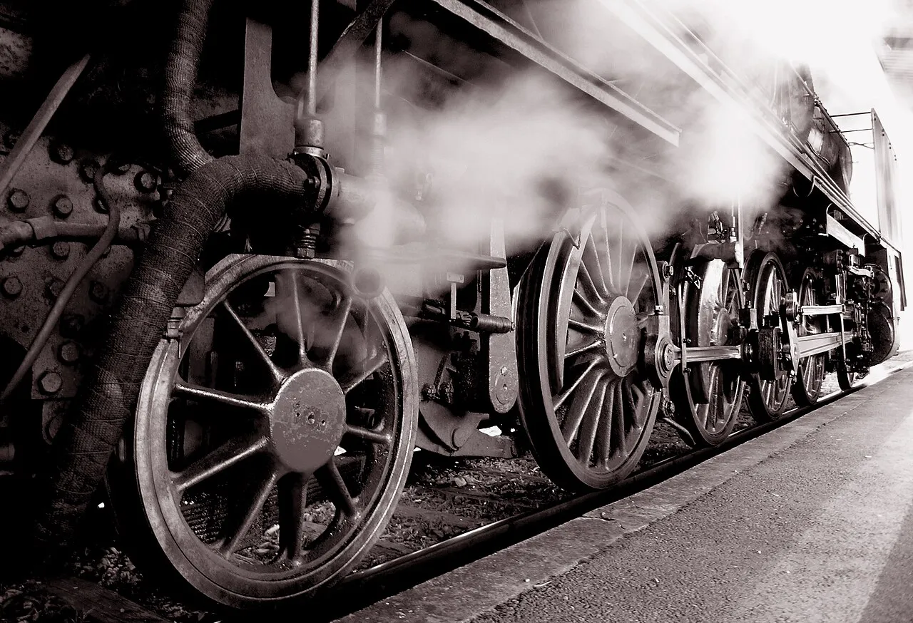 Ilustrasi steam engine atau mesin uap klasik dalam sejarah industri