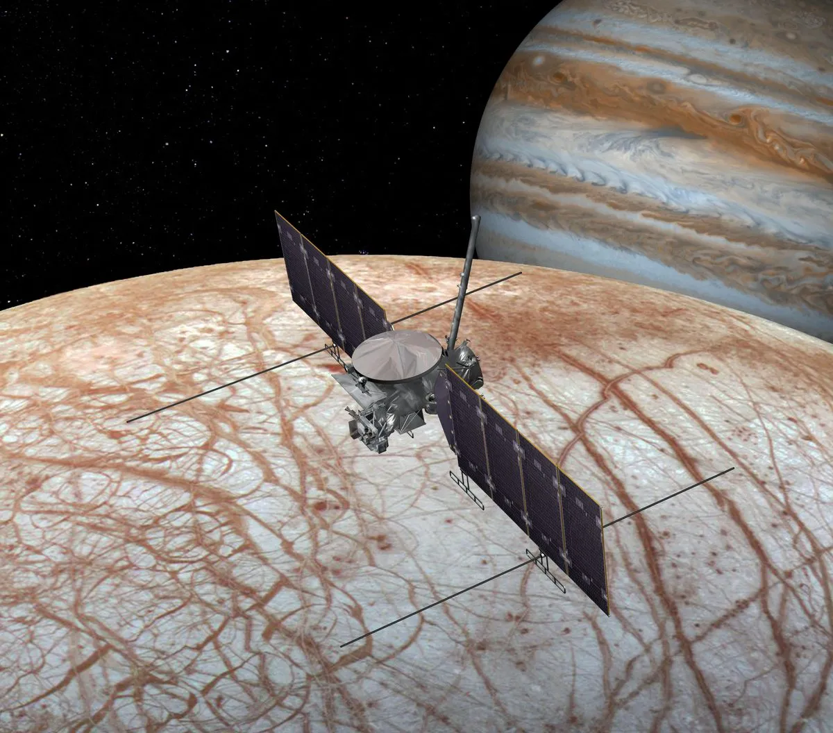Ilustrasi bulan Jupiter Europa yang diselimuti es dan misteri semburan uap air