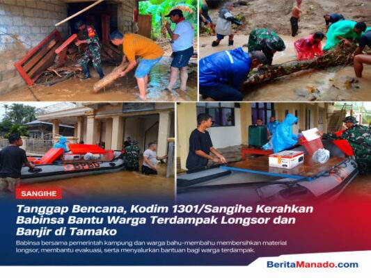 Babinsa Kodim 1301 Sangihe membantu warga evakuasi dan pembersihan material longsor di Tamako