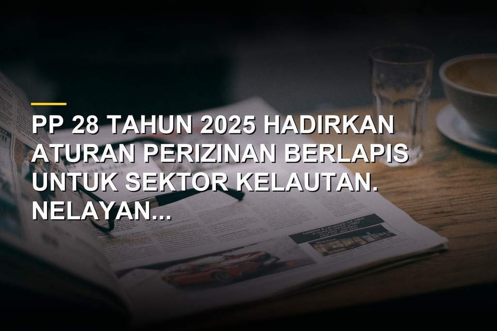 Infografis alur perizinan nelayan dalam PP 28 Tahun 2025 dan ilustrasi birokrasi yang berbelit