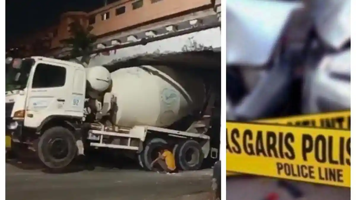 Petugas mengevakuasi truk molen yang tersangkut di kolong jembatan rel kereta Jalan Matraman Raya