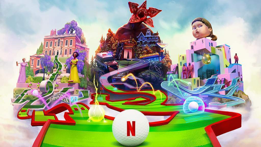 Tampilan game Netflix Minigolf yang menampilkan tema Stranger Things dan Squid Game