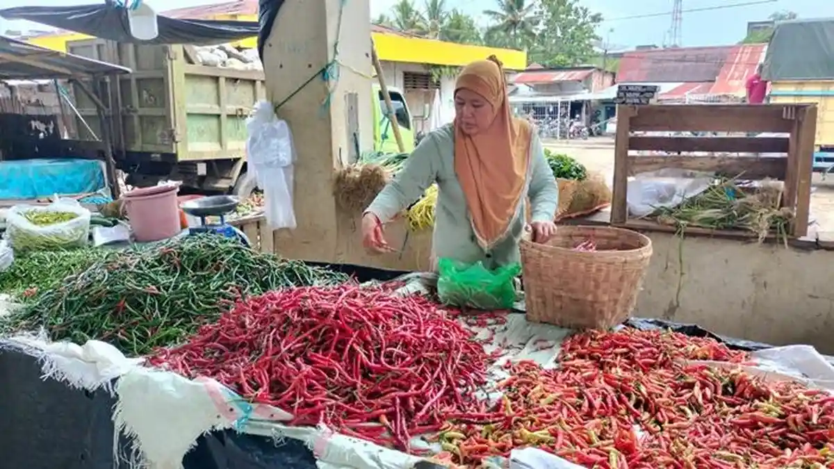 Pedagang menggelar komoditas cabai rawit merah dan cabai keriting di pasar tradisional Musi Rawas